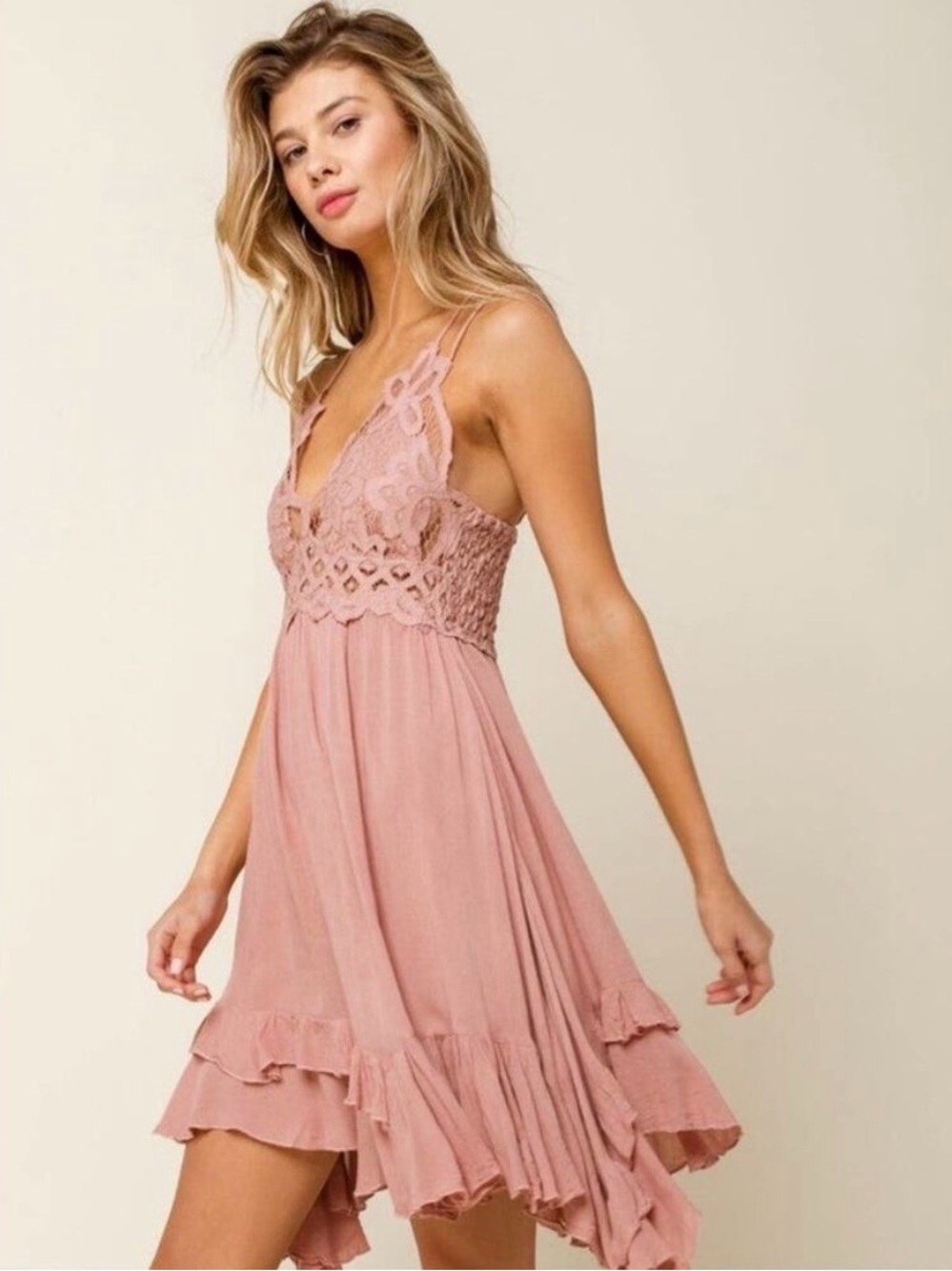 Free People Adella Dusty Rose Lace-Trim Mini Dress